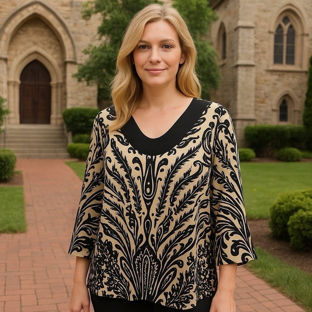 Chico’s Travelers Black Tan Floral Abstract Blouse Artsy Career Event 3 (XL)